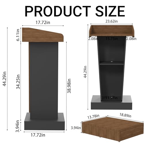 BERPET Wooden Podium Stand with Footrest, Rolling Lectern with Storage, 23.6” Desktop, Built-in Cable Holes, Sturdy Base, Mobile Pulpit for Churches, Conferences & Classrooms