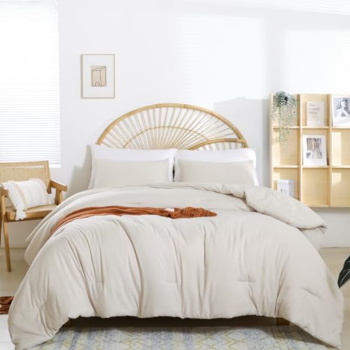 Image of weigelia Beige Comforter Queen Size 3PCS Bed Comforter with 2 Pillowcases - Ligtweight Soft Solid All Season Queen Comforter Bed Set - Boho Aesthetic Bedding Set for Men and Women