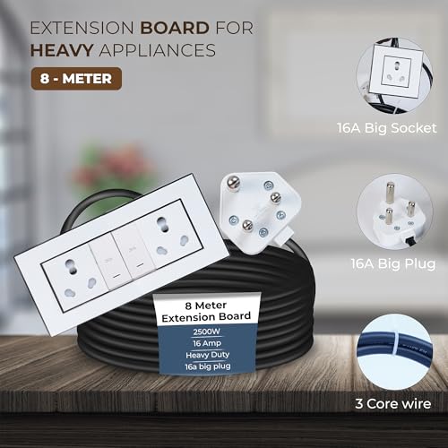 Image of Extension Board Heavy Duty Multi Socket 15A /16A /20 (2500 Watts 16A Big Plug and Two 16A Socket and Two 20A Switch, 8 Meter)