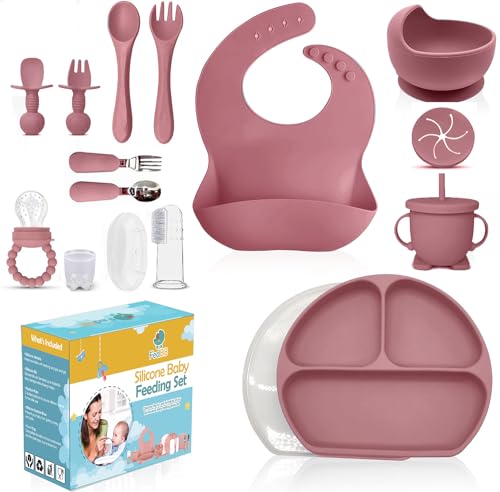 Image of Silicone Baby Feeding Set 14 Pcs -Baby Lid Weaning Supplies including Divided Plate with Lid, Cup, Adjustable Bib, Toddler Spoons and Forks, Perfect for Self-Feeding with Fruit Feeder (PINK)