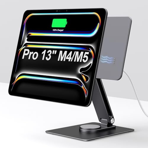 GEWOKLIY Magnetic iPad Pro M4/M5 13-inch Stand with Wireless Charging 18W, 360° Rotating Aluminum Tablet Holder for iPad Pro M4/M5 13-inch, Adjustable Desk Mount Series (M4/M5-13inch)