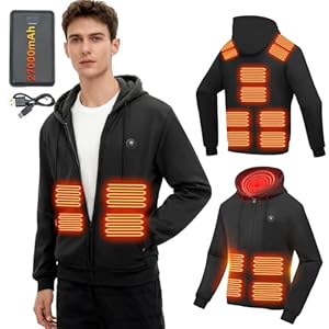 HABOWN 14 Zonen Beheizbarer Hoodie mit 27000mAh Powerbank, 3 Einstellbar Temperatur beheizbarer Hoodie Herren Damen, Zipper Hoodie für Outdoor Wandern,Camping, Skifahren, Angeln(Schwarz,M)