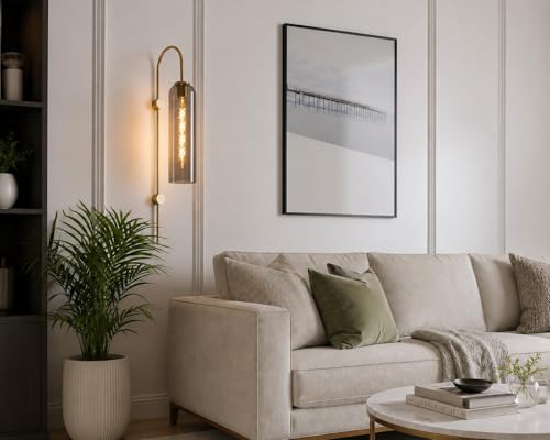 Image of Long Glass Wall Light, Modern Golden Metal Wall Light for Dining Area, Bedroom, Bedside, Living Room, Bar, Restaurants, Cafe, Study Room, Corridor, Shop with 30 cm Long Bulb (Smoke)