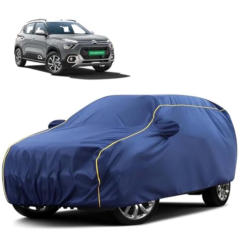 Image of Sulfar 100% Water Resistant Car Body Cover Compatible with Mirror for CITROEN E-C3 All Electric (Triple Stitched, Full Bottom Elastic, Blue Tafetta with Yellow Piping)