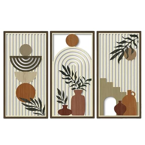 BUERPINKING 3 Stücke Boho Wanddekoration, Blätter Wandkunst Dekoration, Geometrische Wanddekoration aus Holz, Wanddeko, Wandbilder, Naturstil für...