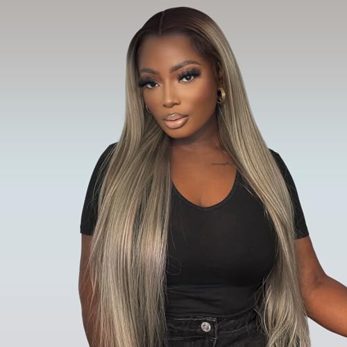 Thickrot 30 Inch Drawstring Ombre Brown Roots Ash Blonde Wig Human Hair 200 Density Glueless 13x6 HD Lace Front Wigs for Women Colored Long Straight Frontal Wigs Human Hair Pre Plucked with Baby Hair