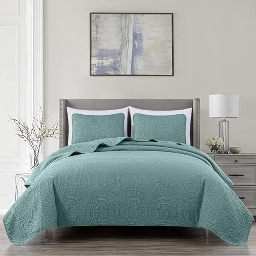 Image of Chezmoi Collection Austin 3-Piece Oversized Bedspread Coverlet Set King, Spa Blue, 118 by 106-Inch