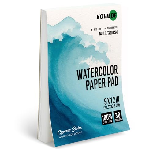 KOVIEDE Watercolor Paper Pad 9x12 Inch, 30 Sheets 140LB/300GSM 100% Cotton Water Color Paper, Acid-Free, Cold Pressed for Painting, Drawing, Art Journaling, Professional Artist Quality