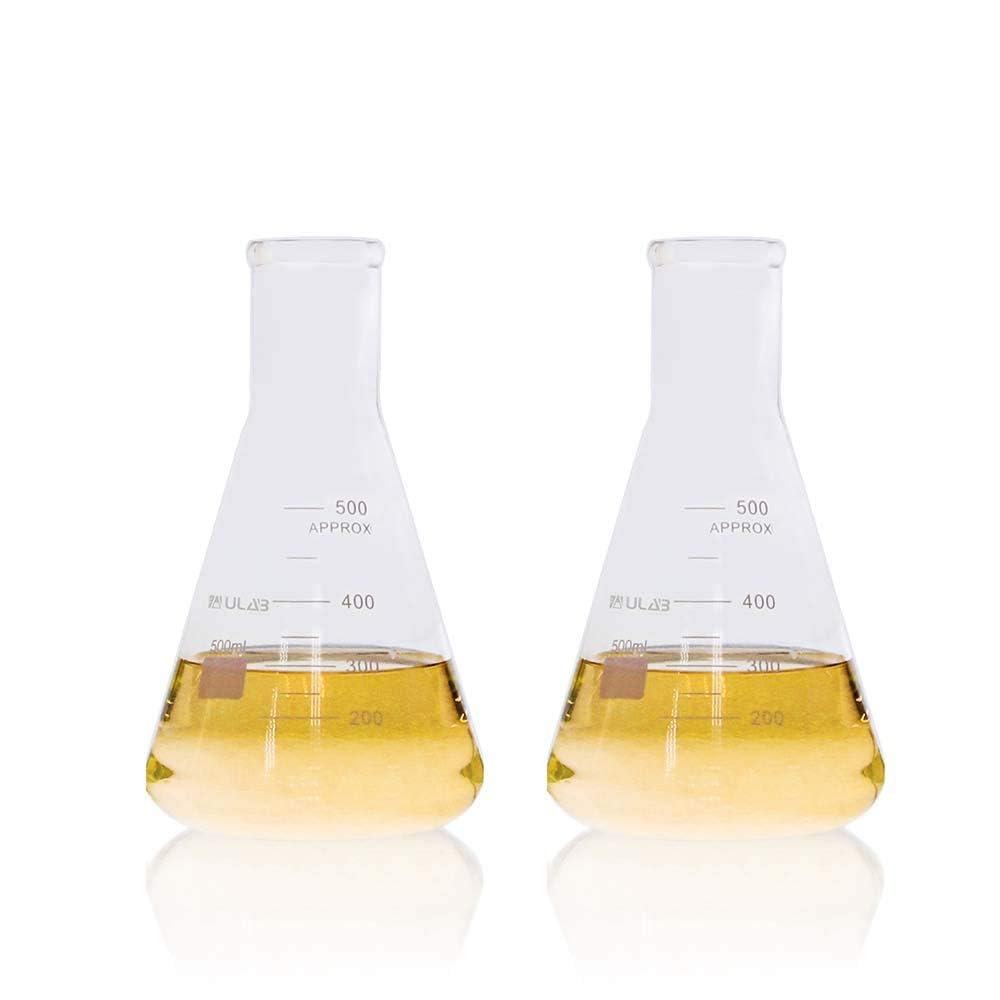 ULAB Scientific UEF1025 - Juego de frascos de vidrio de boca estrecha Erlenmeyer, 17 onzas, 500 ml, borosilicato 3.3 con graduación impresa, paquete de 2