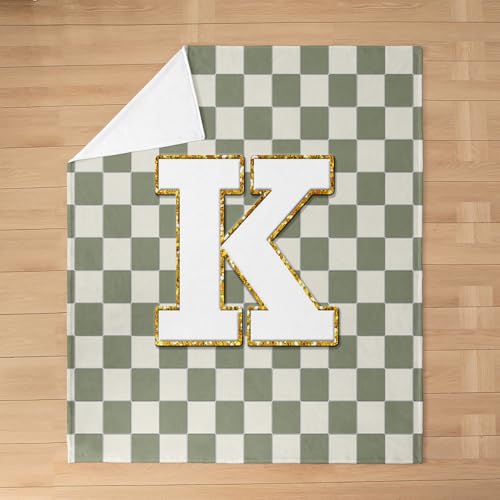 Image of Erosebridal Sage Green Checkered Fleece Blanket Throw 50 inchx60 inch Plaid Initial K Flannel Blanket Personalized Monogram Fuzzy Plush Throw for Kids Boys Girls,Fashion Grids Gingham Decor for Bed Couch
