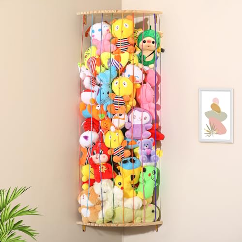 Image of Mabahoo Stuffed Animal Storage Toy Organizer, Wood Corner Plushie Toy Holder with Rainbow Elastic Rope, Length Adjustable Hanging Stuffed Animal Shelf Net for Nursery Playroom Bedroom
