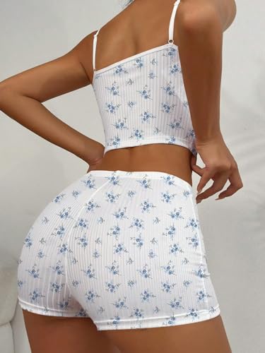 Image of Hilinker Womens Graphic 2 Piece Pajama Set Summer Cute Crop Cami and Shorts Ribbed Lounge Sets