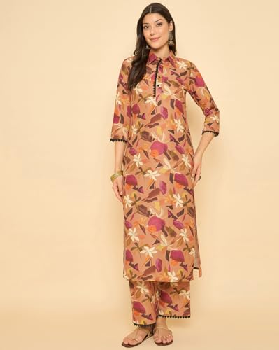 Image of SheWill Women Cotton Blend Floral Printed Straight Kurta with Mandarin Collar, Button Detailing, and 3 /4th Sleeves Paired with Matching Printed Pants