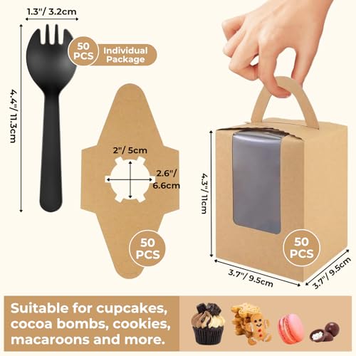 Atarvana 50pcs Kraft Cupcake Boxs Individual with Window Insert and Handle, Individual Cupcake Containers Carriers with 50pcs Spoons and 120 Stickers for for Bakery Wrapping Party Favor Packing