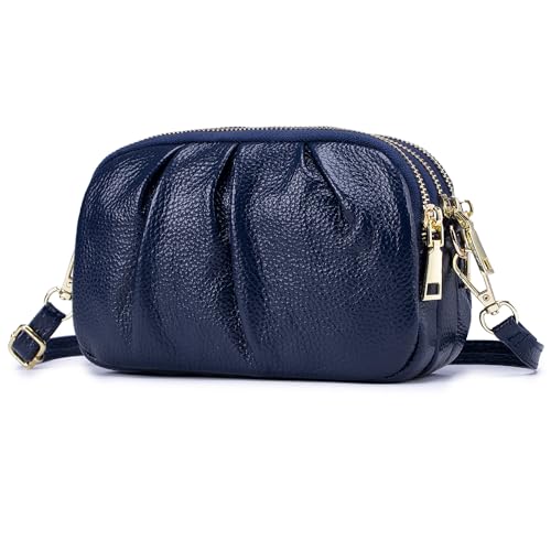 HISKFUN Small Crossbody Bag for Women Trendy,Genuine Leather Crossbody Cell Phone Purse with Triple Compartments.(Blue)