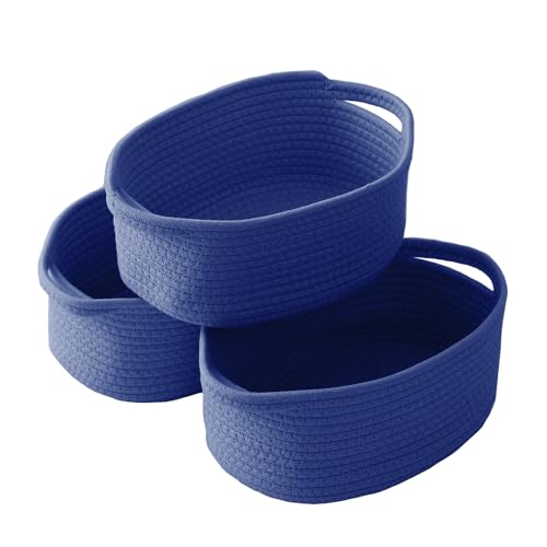 Image of JMvicyroam Small Woven Basket, Empty Gift Basket, Navy Blue /3 Pack | Small Gift Basket, Cotton Rope, 12 x 8 x 29 in, Handles, Includes Ribbon and Bag, Birthday Gift Basket