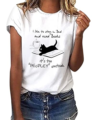 heekpek Camiseta Manga Corta Mujer Blanca Basicas T-Shirt Mujer Algodon Casual Cuello Redondo Camiseta de Verano con Estampado, Gato Perezoso, M