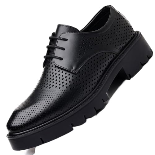 YZABEL Men's Pointed Toe Thick-Sole Low Top Chunky Heels Oxfords Shoes, Stylish Lace-Up Breathable Hollow Business Casual Shoes, Rubber Non-Slip for Daily Commuting Activity