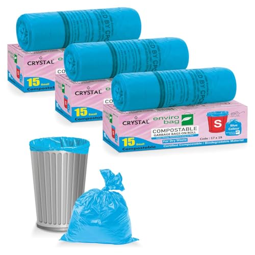 Image of Crystal 100% Compostable Garbage Bags | Small (S) | 45 Counts | 15 Bags X 3 Packs | 17 x 19 Inches | Strong and Durable | For Dry and Wet Waste, Blue