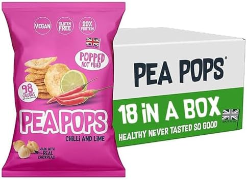 Food Factor Pea Pops Healthy Protein Chips - Delicious Chikpea Crisps 20% Protein Less Fat, Low Calorie, Gluten Free, Vegan Protein Snacks, Popped (Not Fried) 23g (Chilli & Lime, Pack of 18)