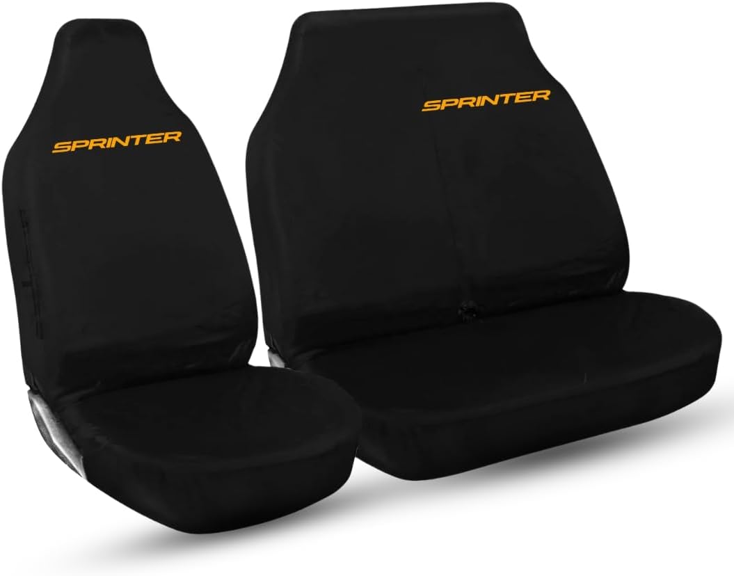 For Mercedes Sprinter - Heavy Duty and Water Proof Durable Nylon Driver Passenger with Sprinter Logo Van Front Seat Cover Protectors - 2+1 Front (Orange Logo)