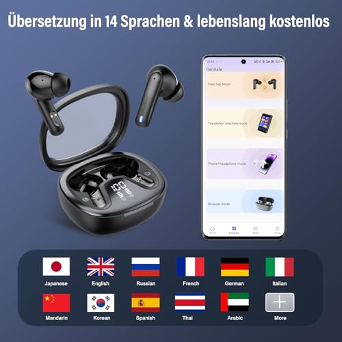 AI Kopfhörer Übersetzer, 3-in-1 Translator Earbuds, Bluetooth 5.4 Sprachübersetzer für 164 Sprachen mit App, 50Std, 5Übersetzungsmodi Echtzeit Übersetzer Ohrhörer für Lernen, Reisen, Business