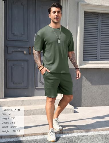 Vssjavun Mens Short Sets 2 Pieces Outfits Waffle Knit Lounge Set Short Sleeve Summer Casual Tracksuit