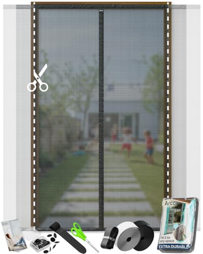 ARCOL Zanzariera Magnetica per porte Regolabile in Larghezza - Tenda Zanzariera Porta Finestra con Fettucce a Strappo, Zanzariera magnetica porta finestra accorciabile (155x240 cm, Nero)