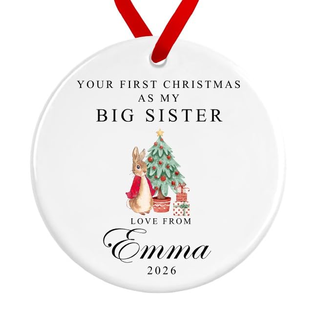 Your First Christmas as my.. Bauble | Christmas Rabbit Ceramic Decoration | Personalised Name Baby First Christmas Custom Ornament (Organza Bag, Big Sister, Red Ribbon)