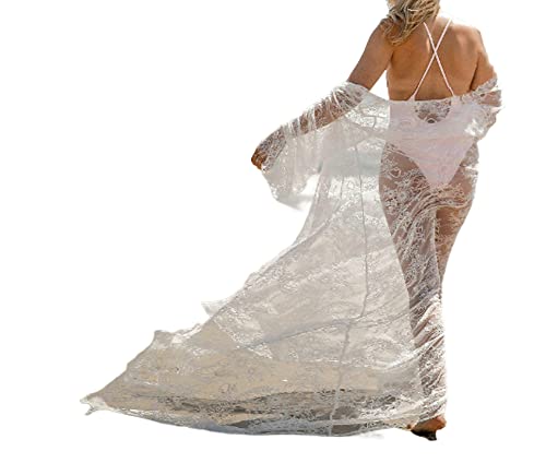 Axiamoncha Sexy Mode Casual Bikini Cover Up Loose Fit Einfarbig Langarm mit V-Ausschnitt Blumenmuster Lang Schnürung Badeanzug, Weiß, L Cover