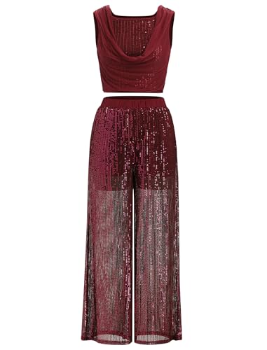 Lyrical Tanzkleid für Damen, Wasserfallausschnitt, glänzende Pailletten, Bauchfreies Top, Lange, durchscheinende, integrierte Kurze Hose,...