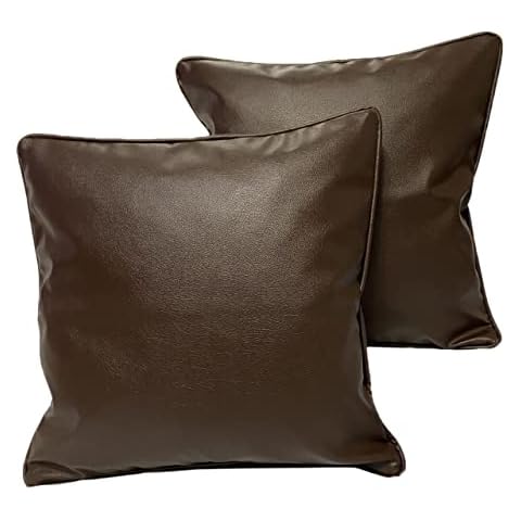 Livuna pack of 2 Brown Luxurious Soft Textured Faux PU Leather Cushion Covers case,Strong Zip, Inside paisley Lining, Piping edges, 45cm x 45cm (18" x 18") for sofa living room bed home decor (Brown) Cover