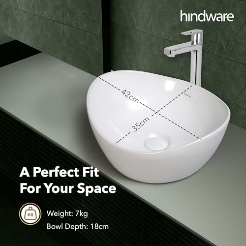 Image of Hindware Dew Table Top Wash Basin for Bathroom | Made of Ceramic | Star White | Oval Shape | Over the Counter Basin