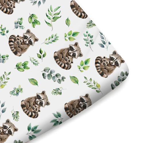 Image of Cute Raccoon Green Leaves Baby Crib Sheets for Girl Boy 52 inchx28 inch Mother Baby Raccoon Soft Breathable Crib Mattress Cover Animals Boho Retro Leaves Bed Sheets Fits Standard Crib and Toddler Mattress