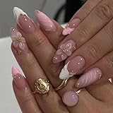 24Pcs Pink Press on Nails Medium Almond French Tip Fake Nails with 3D Flower Gold Bead Designs French Tip False Nails Glue on Nail Reusable Artificial Cute Nails Stick on Nail for Women Acrylic