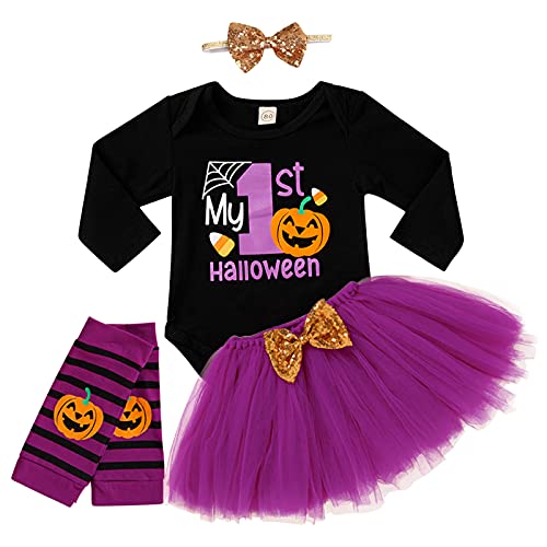 4Pcs Baby Girls My 1St Halloween Skirt Set Pumpkin Print Romper+Bow Tutu Dress+Headband+Leg Warmers Outfits Clothes(Purple,0-3 Months) #TOP9