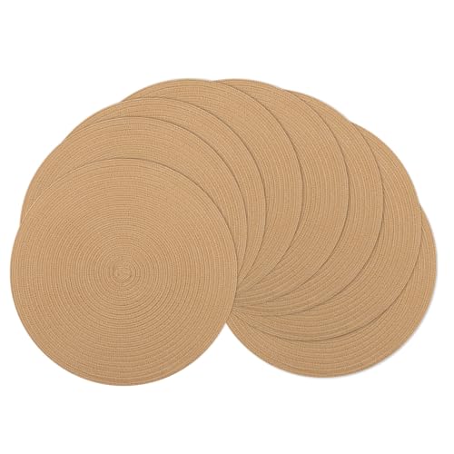 Image of SHACOS Round Placemats Set of 8 Washable 15 inch Round Placemat Cotton Polyester Woven Braided Table Place Mats for Dining Table Decor, Camel