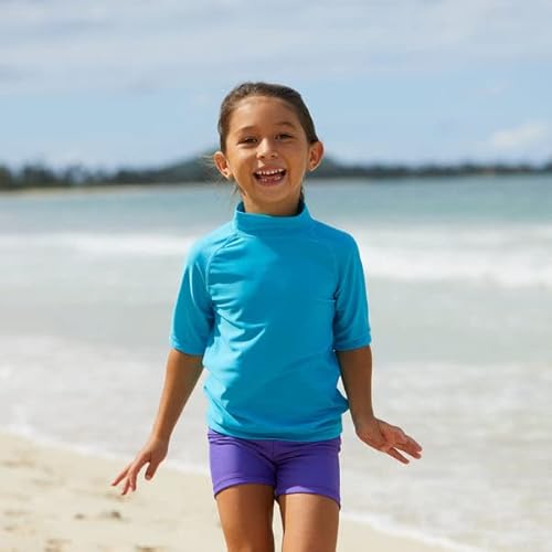 UV SKINZ Camisa infantil de manga curta para sol e natação, gola redonda – Tecido FPS 50+, Aqua, 5 A