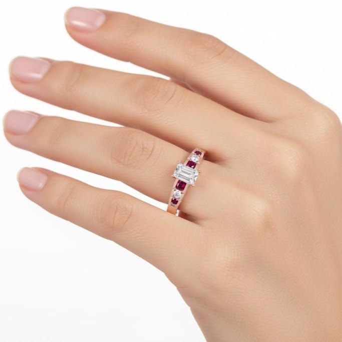 Image of 55Carat Choose Your Gemstone Diamond CZ Graduated Accent Ring Rose Gold Plated Emerald Shape Petite Engagement Rings Everyday Jewelry Wedding Jewelry Handmade Gifts for Wife US Size 4 to 12