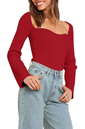 Image of LILLUSORY Women's Sweetheart Neckline Sweater 2024 Spring Ribbed Knit Slim Fit Pullover Tops