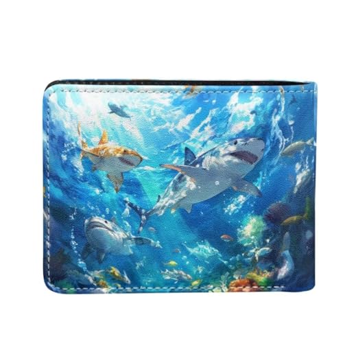 Image of Coldinair Sharks Bifold Wallet for Teen Kids Boys Ocean Leather Wallets Cool Wallet Man Rfid Blocking Zipper Wallets With Coin Pocket Id Window