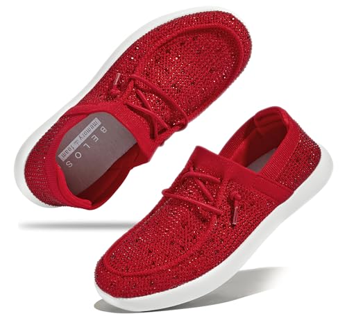 BELOS Women's Rhinestone Lace Up Loafers Shoes Comfortable Slip On Mesh Knit Walking Shoes Fashion Lightweight Sparkly Glitter Sneaker