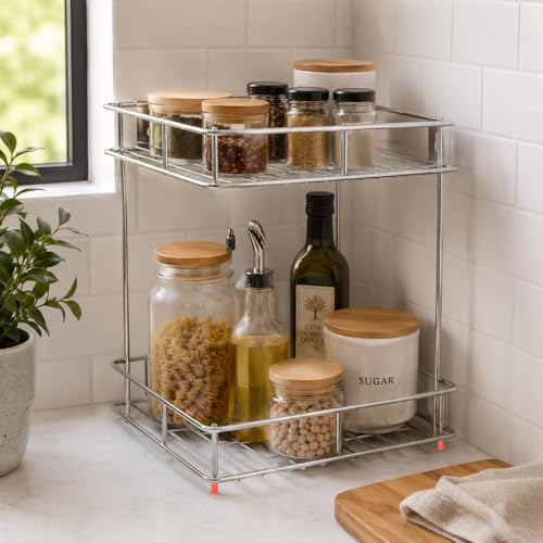 Image of Zepdos 2 Tier Stainless Steel Kitchen Organizer Rack, Wall Mounted Spice Rack & Countertop Storage Shelf for Kitchen, Bathroom & Pantry, Multipurpose Storage Stand for Jars, Oil Bottles & Utensils