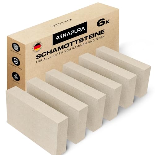 ARNAPURA Pack 6 Schamottsteine 22 x 11 x 3 cm | Hergestellt aus Feuerfester Tonerde | Schamotteplatten Perfekte Feuerziegel für Kamine, Öfen und Grills