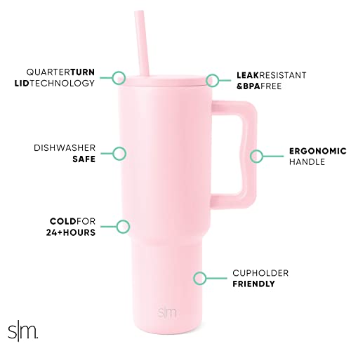 Image of Simple Modern 40 oz Trek Tumbler with Handle and Straw Lid | Cup Holder Friendly Insulated Stainless Steel Travel Mug | Blush