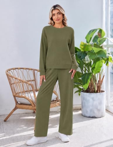 Ekouaer Lounge Sets for Women Textured Corduroy Long-Sleeve Top and Pants | Textured Corduroy, Relaxed Crew-Neck Top, Cuffed Sleeves, Wide-Leg Pants with Drawstring Waist and Side Pockets - image 5