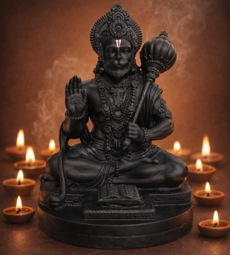 Image of RIANZ Resin Hanuman Ji Idol for Car Dashboard, Home & Office Desk - Bajrang Bali Murti for Protection from Negative Energy, Good Luck, Success and Prosperity (Black), 9 cm