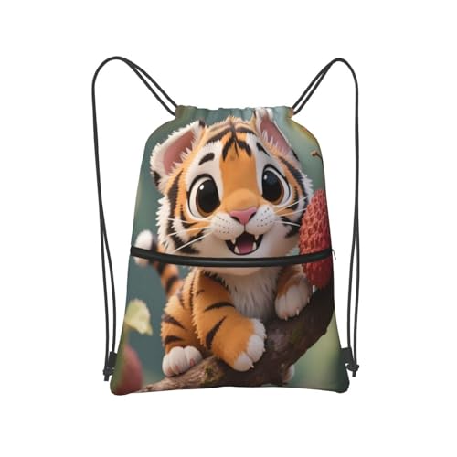Cute Big Cat Lychee Gym Drawstring Bags Dance Bag With Front Zipper Pocket For Swimming