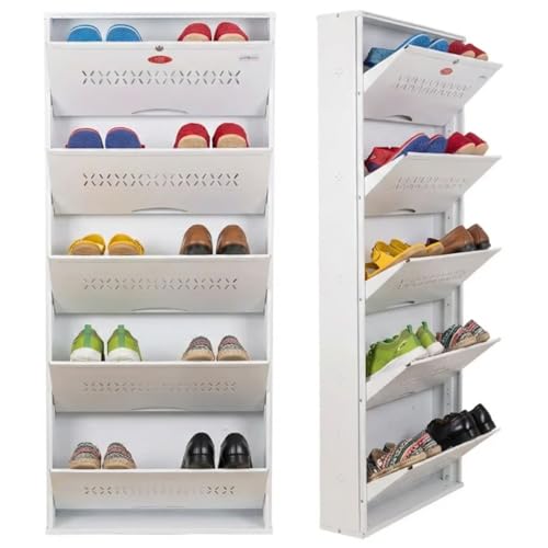 Image of Skywave LuxuryWall Mounted Metal Shoe Rack for Home - 5 Shelf, Holds Up to 25 Pairs | Central Locking Shoe Cabinet | Space Saving | Heavy Duty Steel | 3 Year Warranty (Ivory White, 21 Inches)