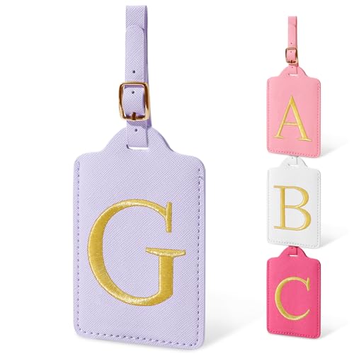 Image of Initial Luggage Tags for Suitcases, Cute Embroidered Letter Luggage Bag Suitcase Identifier Name Baggage Tag, PU Leather Travel Luggage Tags, Bag Tags for Men Women Kids Luggage Handbags(Purple G)